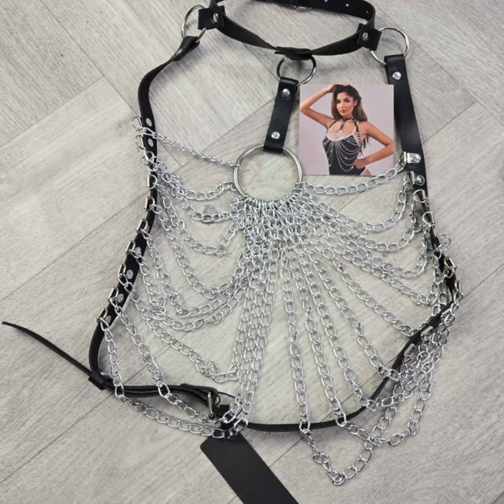 NEW! Leather Chest Harness Black Bra Caged Body Chain Goth Festival Rave Corset - Picture 3 of 5